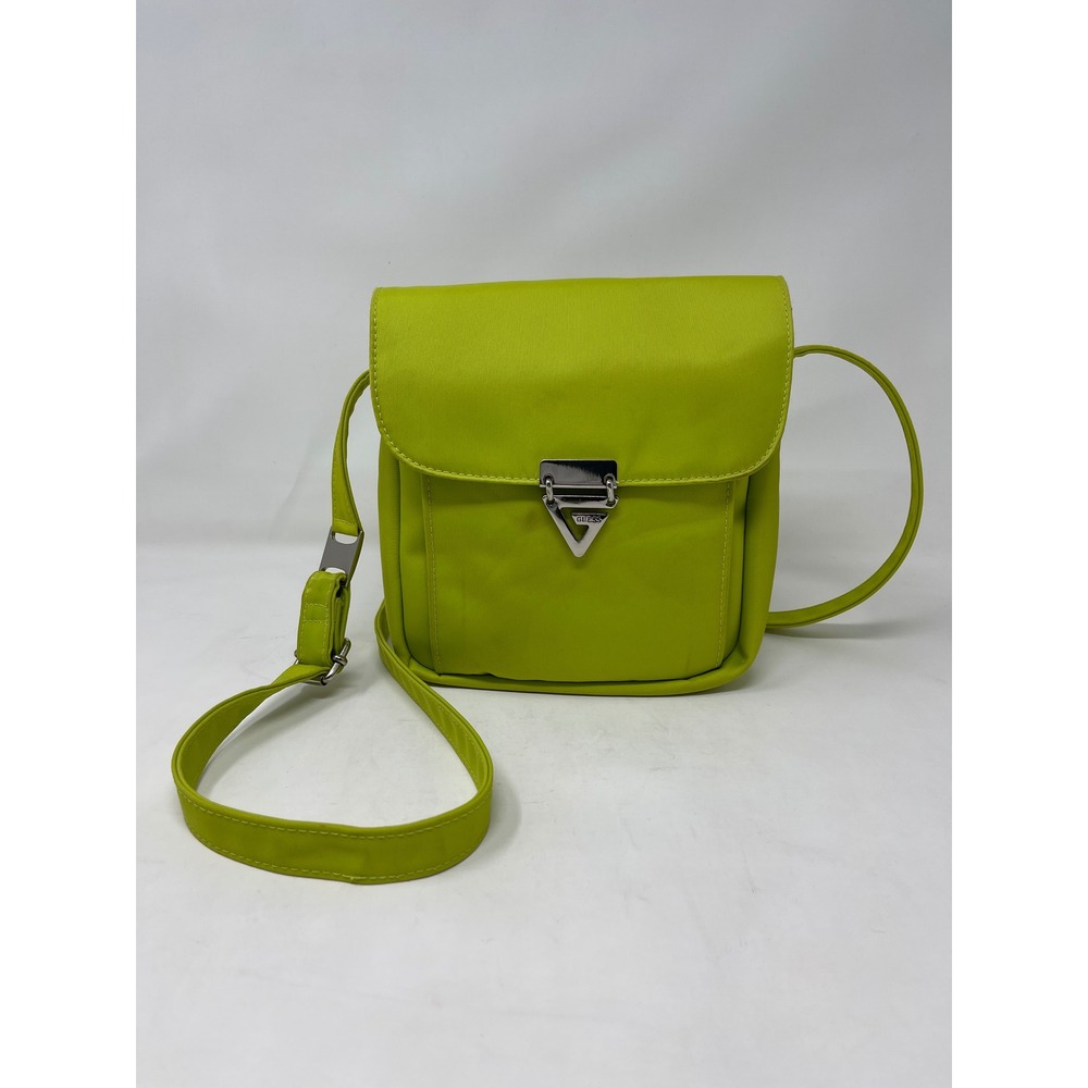 Guess Lime Green Nylon Crossbody Bag Silver Triangle Logo Flap Messenger Small